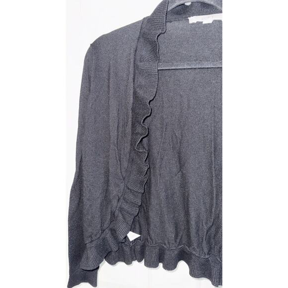 Ann Taylor LOFT Black Open Front Ruffle Cardigan Sweater Long Sleeve Size Large - Picture 2 of 6